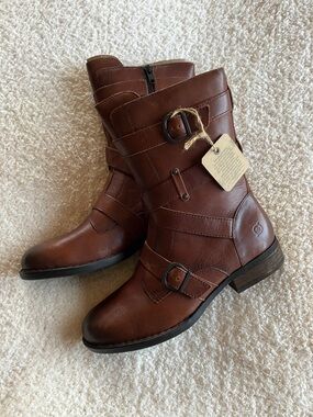 Born Brown Leather Mid-Calf Buckle Heeled Boots